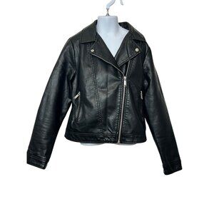 Primark Girls’ Black Faux Leather Moto Biker Jacket 10-11 Yrs Zip Lapels Snaps